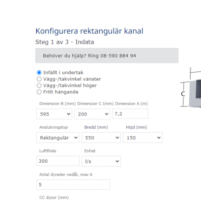 Konfiguration eines Düsenrohrs – Screenshot von Repus Ventilation.